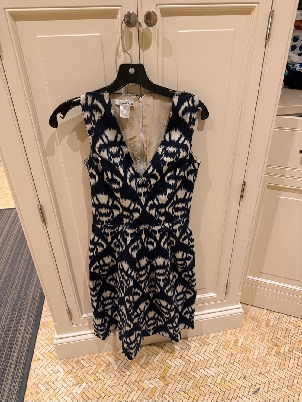 Oscar de la Renta Navy and White Ikat Midi Dress